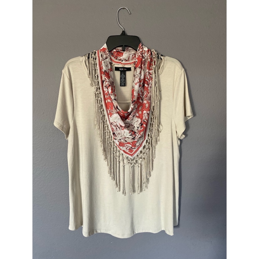 STYLE & CO SHORT SLEEVE W\ ATTACH SCARF TAN LARGE